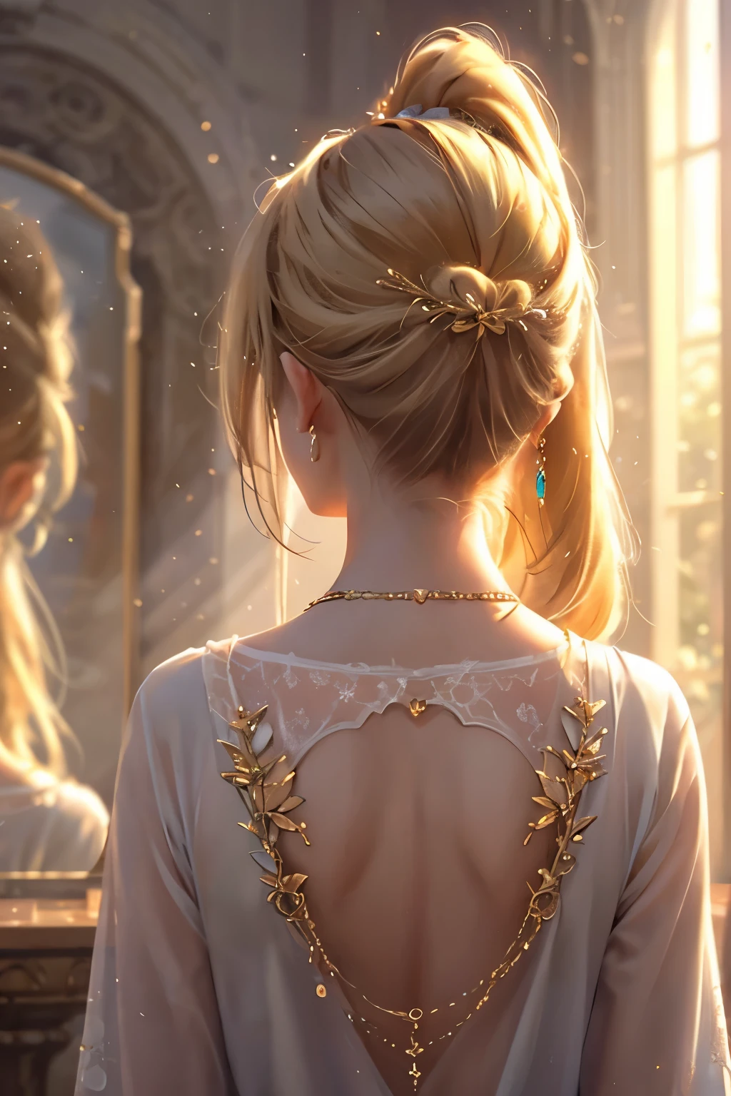 背景はBokeh味, Focus on the subject, Blonde, Front Ponytail, Eye Reflexes, Red contact lenses, Pink Eyes, Heterochromia iridis，Put on earrings, Wicked Smile, Attention to detail, Romanticism, Written boundary depth, Shine, Ray Tracing, Viewfinder, Zoom Layer, close, Bokeh, Anatomically correct, Attention to details, 1080p, Ultra Hi-Vision
woman, High Ponytail, Casual clothing, The expression is solemn, reflected light, Vibrant colors，Detailed engraving，Shine brightly，Attention to detail，The jewelry is of high quality，Very high quality, Angle from behind