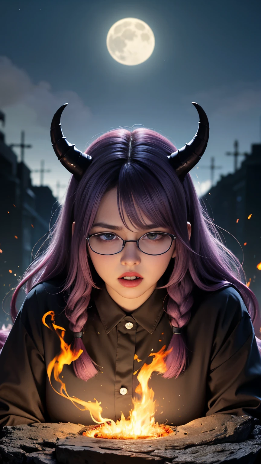background（Black Night Sky，Big Moon），Close-up of a woman，Wearing a white shirt、Purple Hair，Very long hair，very thick braids，Purple eyes，big 、((((Glasses))))、realistic girl rendering, 8K artistic german bokeh, Enchanting girl, Realistic girl, Gurwitz, Gurwitz-style artwork, Girl Roleplay, Realistic 3D style, cgstation Popular Topics,, 8K Portrait Rendering,（truth，truth：1.4），Wear pink pajamas，巨big ，Sparkling eyes，Purple eyes、(highest quality,4K,8K,High resolution,masterpiece:1.2),Very detailed,(Realistic,photoRealistic,photo-Realistic:1.37),Mythical monster,Beast-like creature,muscular,Six big legs,Stand like a gorilla,Red fur covering the body,two big horns,Drill teeth,Sharp Claws,Huge shape,Burning Fire Magic,Energy aura,A threatening presence,Glowing Eyes,Intimidating posture,dark environment,Smoke-filled air,Ominous Shadow,Majestic and fierce,Explosive power,Vibrant colors,bold,Horror art style,mobile composition,Dramatic lighting,Rib Layer,large sharp teeth,Sharp Edges,Very detailedスケール,Burning Crack,Burning Flames,Furious look,Burning with anger,Surrounded by sparks and embers), Scared, dark, spooky, Underwater mist liquid swirl cavity, highest quality, Front view, Satanic, 18 year old asian girl、Liu Wen, Shaved eyebrows, With big black ram horn, , A large snake with slimy tentacles wrapped around its shoulders. Moody and dramatic lighting, that&#39;s it, storm, lightning, Smoke and Fog Environment, Fuzzy smoke background, Wide-angle shot, Wide-angle shot, elevation, Extreme angle shot, Vignette, Unrealistic Nightmare,