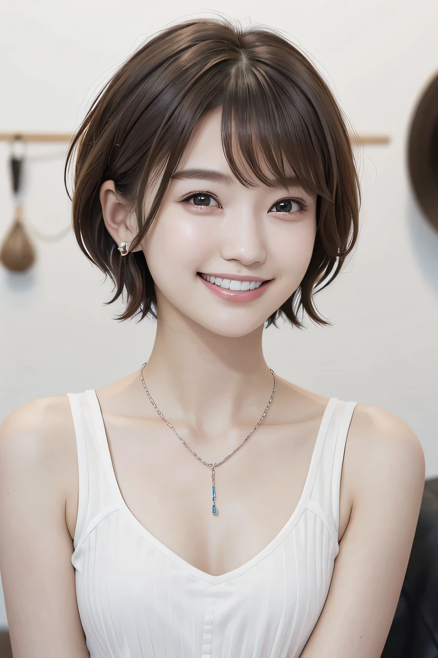 205 ((short hair)), 20-year-old female, In underwear、Dark eyeliner、 A refreshing smile、Beautiful teeth alignment、、Dark brown hair、ear piercing、Necklace around the neck、Looking into the camera
