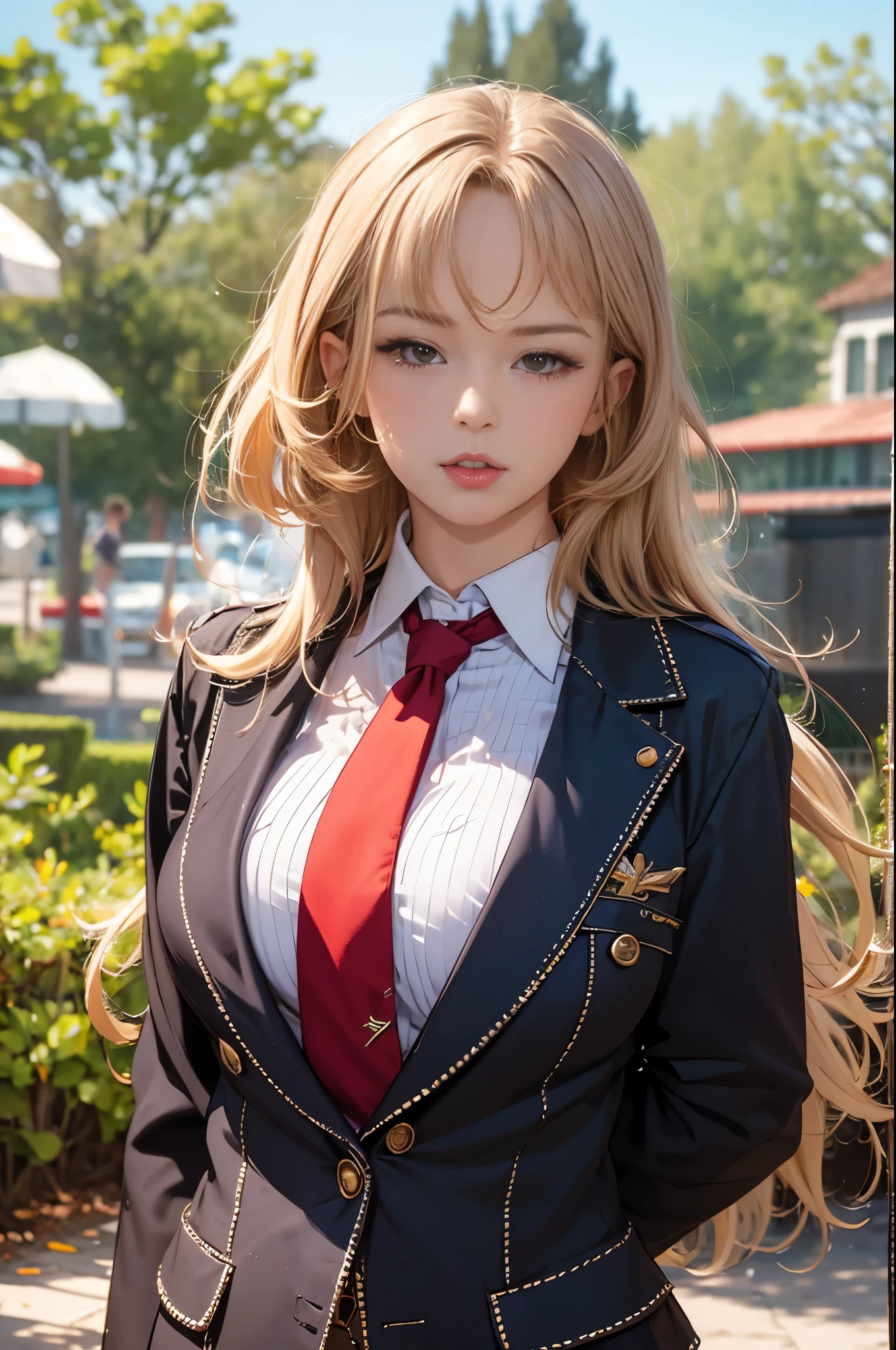 ((best quality)), ((masterpiece)), (detailed), school blazer, private school girl, renatadaninsky, city park, cleavage, nsfw