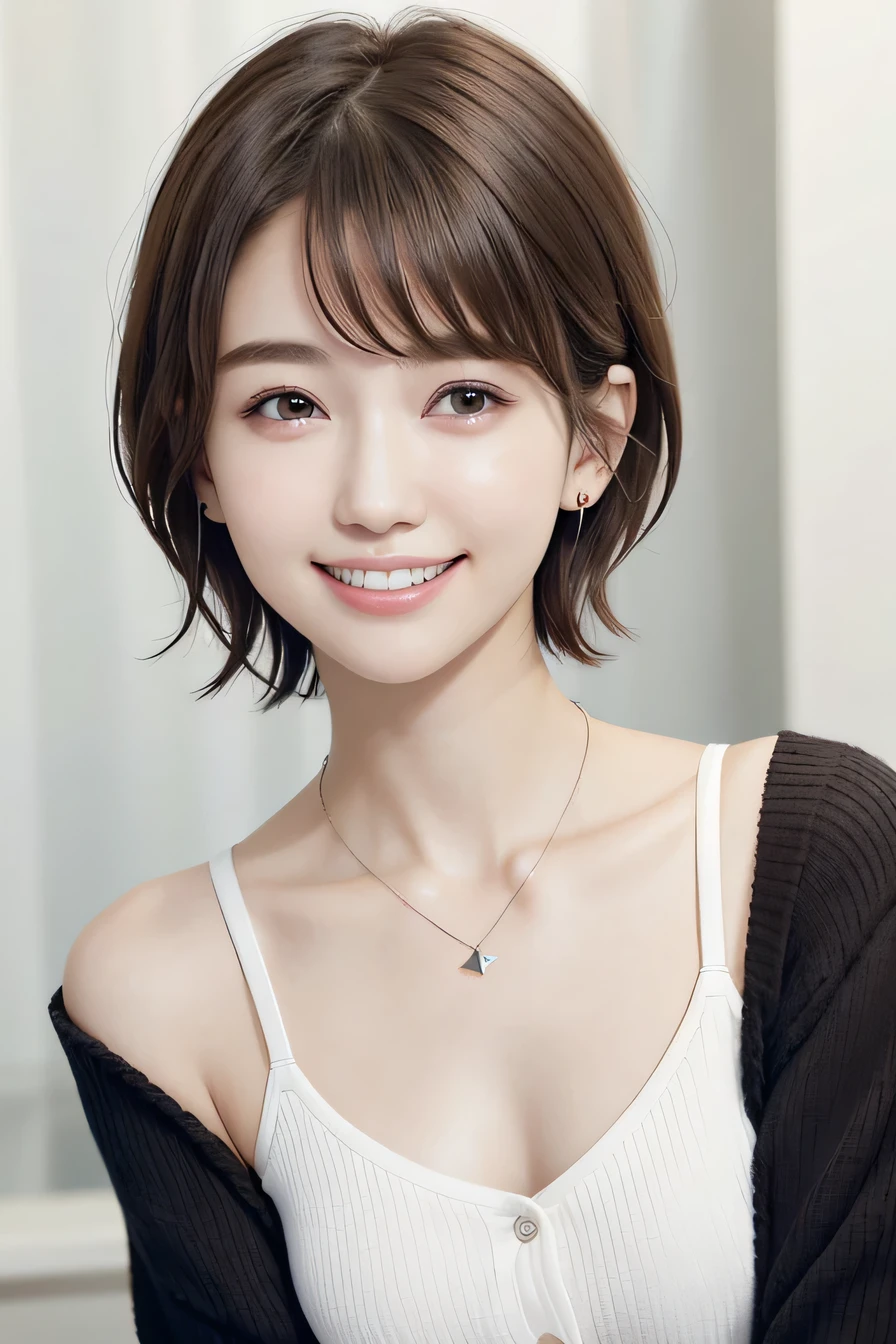 205 ((short hair)), 20-year-old female, In underwear、Put a cardigan over your shoulders、 A refreshing smile、Beautiful teeth alignment、Mask on mouth、Dark brown hair、ear piercing、Necklace around the neck、Looking into the camera