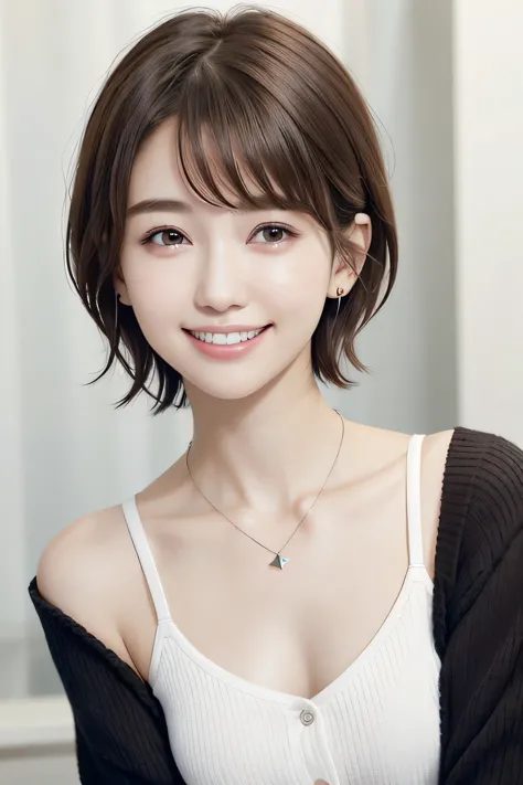 205 ((short hair)), 20-year-old female, In underwear、Put a cardigan over your shoulders、 A refreshing smile、Beautiful teeth alig...