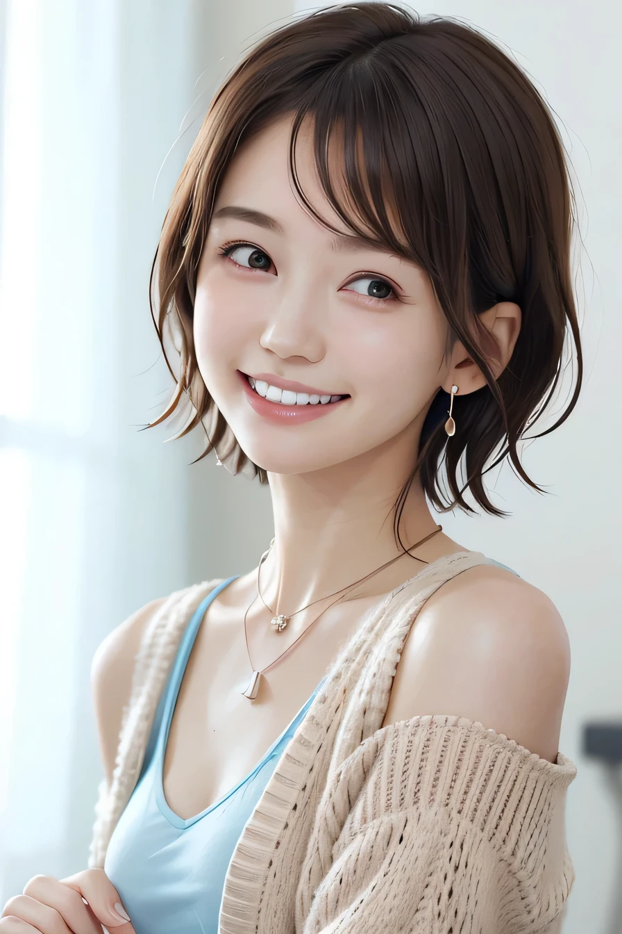 205 ((short hair)), 20-year-old female, In underwear、Put a cardigan over your shoulders、 A refreshing smile、Beautiful teeth alignment、Dark brown hair、ear piercing、Necklace around the neck、Looking into the camera