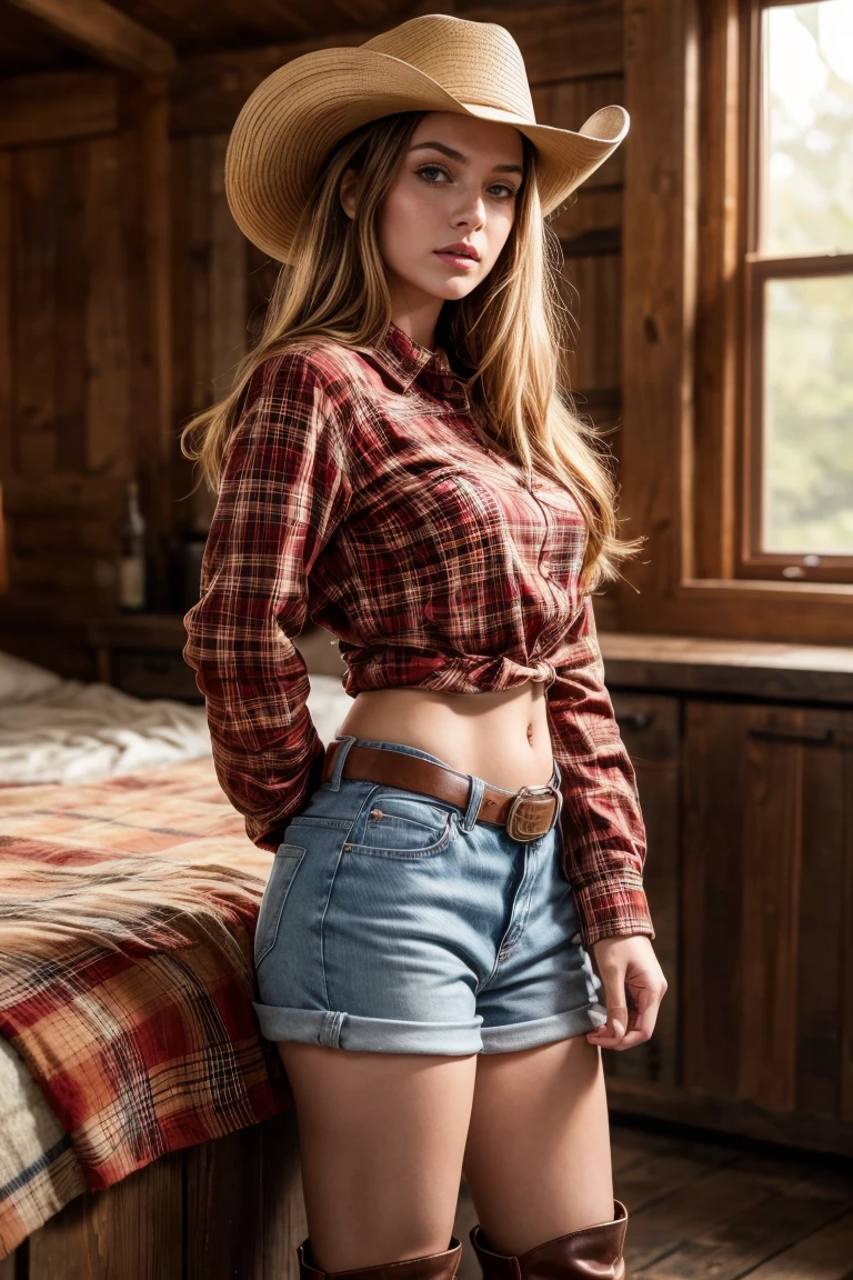  (brunette women), (perfect body), (16k,8k,4K,HD,UHD), Overflowing portrait photo of female peach farmer [tangerine|yellow] hair, Wearing a tight red plaid flannel shirt, Gorgeous leather cowboy boots, (wearing cowboy hat),