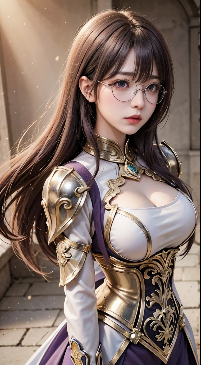 up，Wearing a white shirt、Purple Hair，Very long hair，very thick braids，Purple eyes，big 、((((Glasses))))、realistic girl rendering, 8k artistic german bokeh, Enchanting girl, Realistic girl, Gurwitz, Gurwitz-style artwork, Girl Roleplay, Realistic 3d style, cgstation Popular Topics,, 8K Portrait Rendering,（truth，truth：1.4），Wear pink pajamas，巨big ，Sparkling eyes，Purple eyes、"(highest quality: 1.2), masterpiece, extremely detailed 8k uhd, ((Official Art)), CG, 1 Ultra-Detailed Goddess of War, A temple in the ruins of a ruined empire々Standing Up Together, (Dynamic posture: 1.3), Thick armor reveals the heart of the conflict, (Finer details), Shine, Places with strong light, (armor of historical importance:1.2), Shine Metal Armor, ((((Glasses))))、(Shine magic symbol on armor:1.3), (There was magic all around her.:1.3), Long black hair waving in the wind in every detail, Detailed Weapon Holding, (Sharp Sword, Shine:1.3), Shine eyes filled with determination and vision, ((Silver Armor)), A shield that reproduces the symbol of immovability with ultra-precision., (intense expression:1.1), (After her, A new empire is soaring into the sky: 1.4), (Light is、Highlighting her dominance and rebirth behind the scenes:1.4), (Fiery red flags fluttered:1.1), (The wind carries whispers of new beginnings:1.1), (Wisdom and Regeneration:1.2), (Strong stance:1.2), (Overwhelming Mystical Power:1.2), alone, (Shine sweat:1.1), gem armor, (The contrast between silver and gold:1.3), (The overall red color covers the scenery:1.4)"
