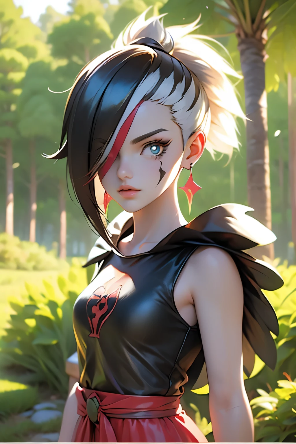mj3d style,3dmm,3d,(masterpiece, best quality:1.1), ghibli style, san (mononoke hime), 1girl, armlet, bangs, black hair, black undershirt, breasts, cape, circlet, earrings, facepaint, floating hair, forest, fur cape, green eyes, jewelry, looking at viewer, medium breasts, nature, necklace, outdoors, parted bangs, shirt, short hair, sleeveless, sleeveless shirt, solo, tooth necklace, tree, upper body, white shirt