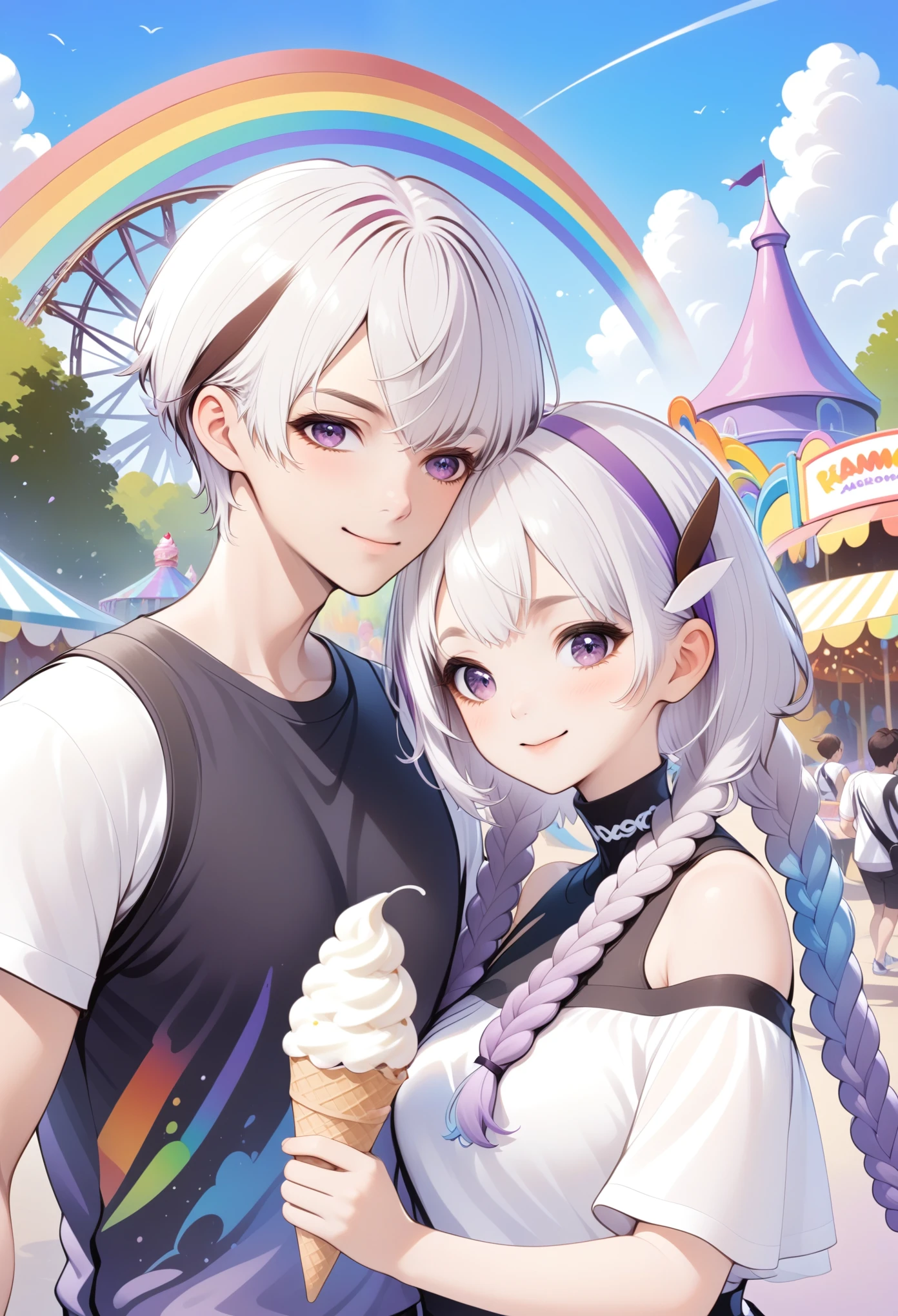 The right amount of art，Layered art：Happy couple，1 Boy-Short Hair。1 girl - white hair - purple double braids，High collar off-shoulder short sleeves，Ice cream cones，amusement park，Rainbow Colors