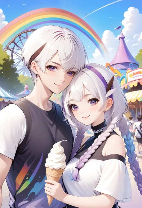 The right amount of art，Layered art：Happy couple，1 Boy-Short Hair。1 girl - white hair - purple double braids，High collar off-sho...