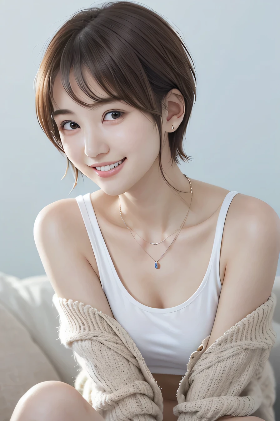 205 ((short hair)), 20-year-old female, In underwear、Put a cardigan over your shoulders、 A refreshing smile、Beautiful teeth alignment、、Dark brown hair、ear piercing、Necklace around the neck、Looking into the camera