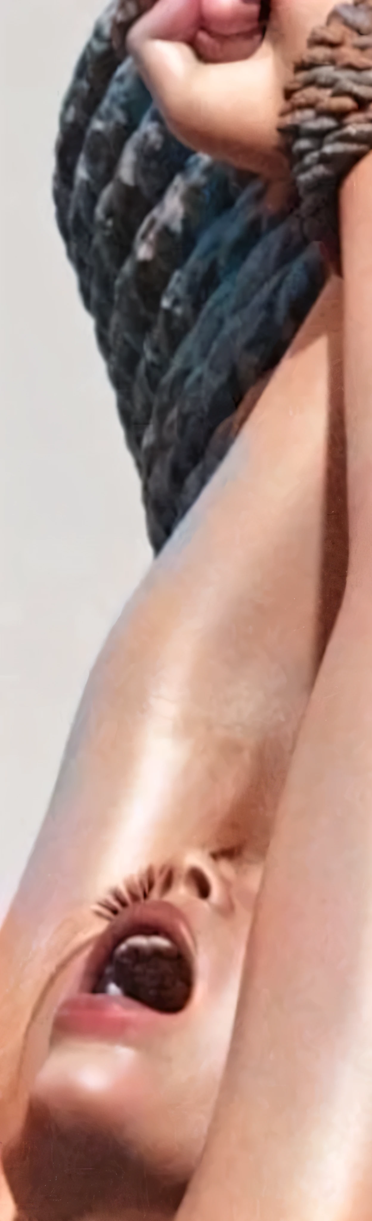 there is a woman with hands tied up, neck zoomed in, closeup of arms, upper body close - up, upper body close up, skinny upper arms, zoomed out shot, close up half body shot, neck zoomed in from lips down, detailed arms, smooth tan skin, armpit,a close up of a woman ,photorealistic skin texture, detailed unblurred face, close up at face, close up of face, realistic skin texture, realistic textured skin, ultra high detail ultra realism, hyperdetailed skin, closeup on face, 8 k pores,UHD, closeup of face, neck zoomed in from lips down