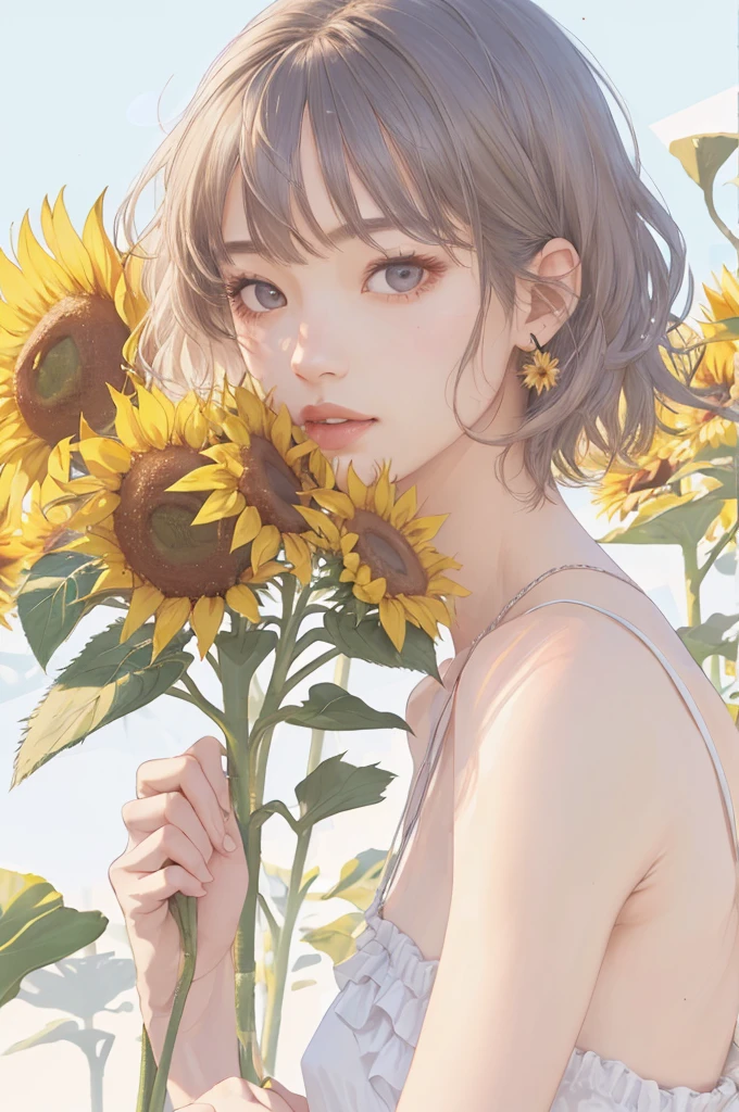 Best Creator、Good anatomy、1 beautiful girl、Big round eyes、１By people、Realistic、lips、Tabletop、highest quality、Excellent anatomy、Skin Texture、Large sunflower background、Small breasts、Cute Dress、Frills、fluffy、Milk tea colored hair、short hair、White Tone、Warm Light