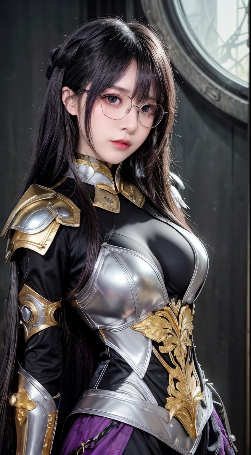 background（Black Night Sky，Big Moon），Woman close up，Wearing armor、Purple Hair，Very long hair，very thick braids，Purple eyes，big 、((((Glasses))))、realistic girl rendering, 8k artistic german bokeh, Enchanting girl, Realistic girl, Gurwitz, Gurwitz-style artwork, Girl Roleplay, Realistic 3d style, cgstation Popular Topics,, 8K Portrait Rendering,（truth，truth：1.4），Put on your armor，巨big ，Sparkling eyes，Purple eyes、 1. Goddess of War, A temple in the ruins of a ruined empire々Standing Up Together, (Dynamic posture: 1.3), Thick armor reveals the heart of the conflict, (Finer details), Shine, Places with strong light, (armor of historical importance:1.2), Shine Metal Armor, ((((Glasses))))、(Shine magic symbol on armor:1.3), (There was magic all around her.:1.3), Long black hair waving in the wind in every detail, Detailed Weapon Holding, (Sharp Sword, Shine:1.3), Shine eyes filled with determination and vision, ((Silver Armor)), A shield that reproduces the symbol of immovability with ultra-precision., (intense expression:1.1), (After her, A new empire is soaring into the sky: 1.4), (Light is、Highlighting her dominance and rebirth behind the scenes:1.4), (Fiery red flags fluttered:1.1), (The wind carries whispers of new beginnings:1.1), (Wisdom and Regeneration:1.2), (Strong stance:1.2), (Overwhelming Mystical Power:1.2), alone, (Shine sweat:1.1), gem armor, (The contrast between silver and gold:1.3), (The overall red color covers the scenery:1.4)"