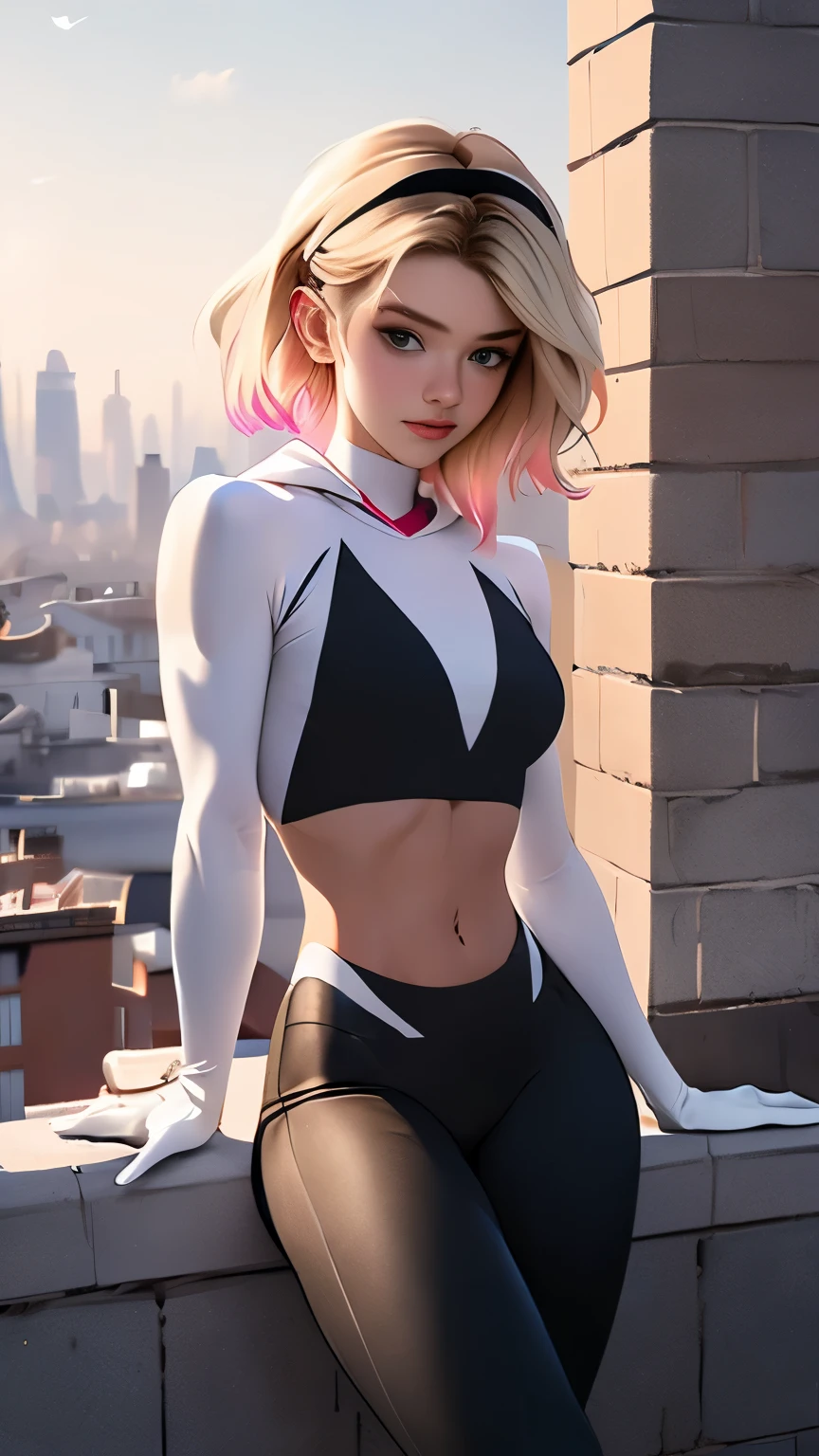 (Highly quality, masterpiece, detailed), city detailed scenario, city detailed background, solo, Gwen, blonde hair, multicolored hair, short hair, hairband, crop top, web-print, hood down, gloves, navel, sitting on top of a building, perfect face, beautiful eyes, look at the viewer, Sexy pose