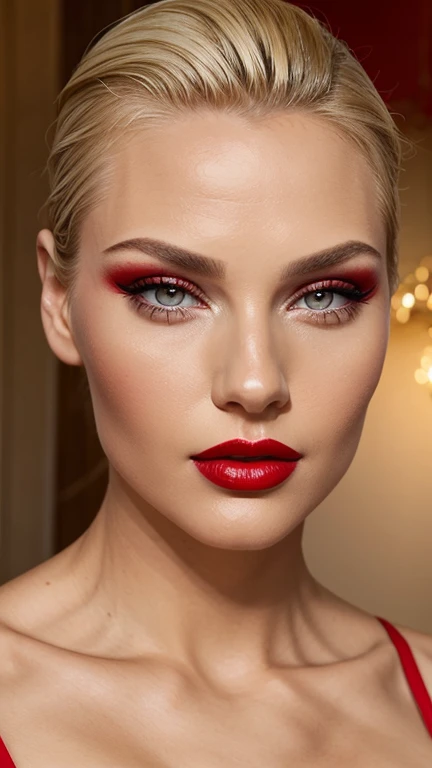 rotes Make-up,  roter Lippenstift, zurückgekämmte blonde Haare, Detailliertes Gesicht, detaillierte Lippen, Detaillierte Augen, 