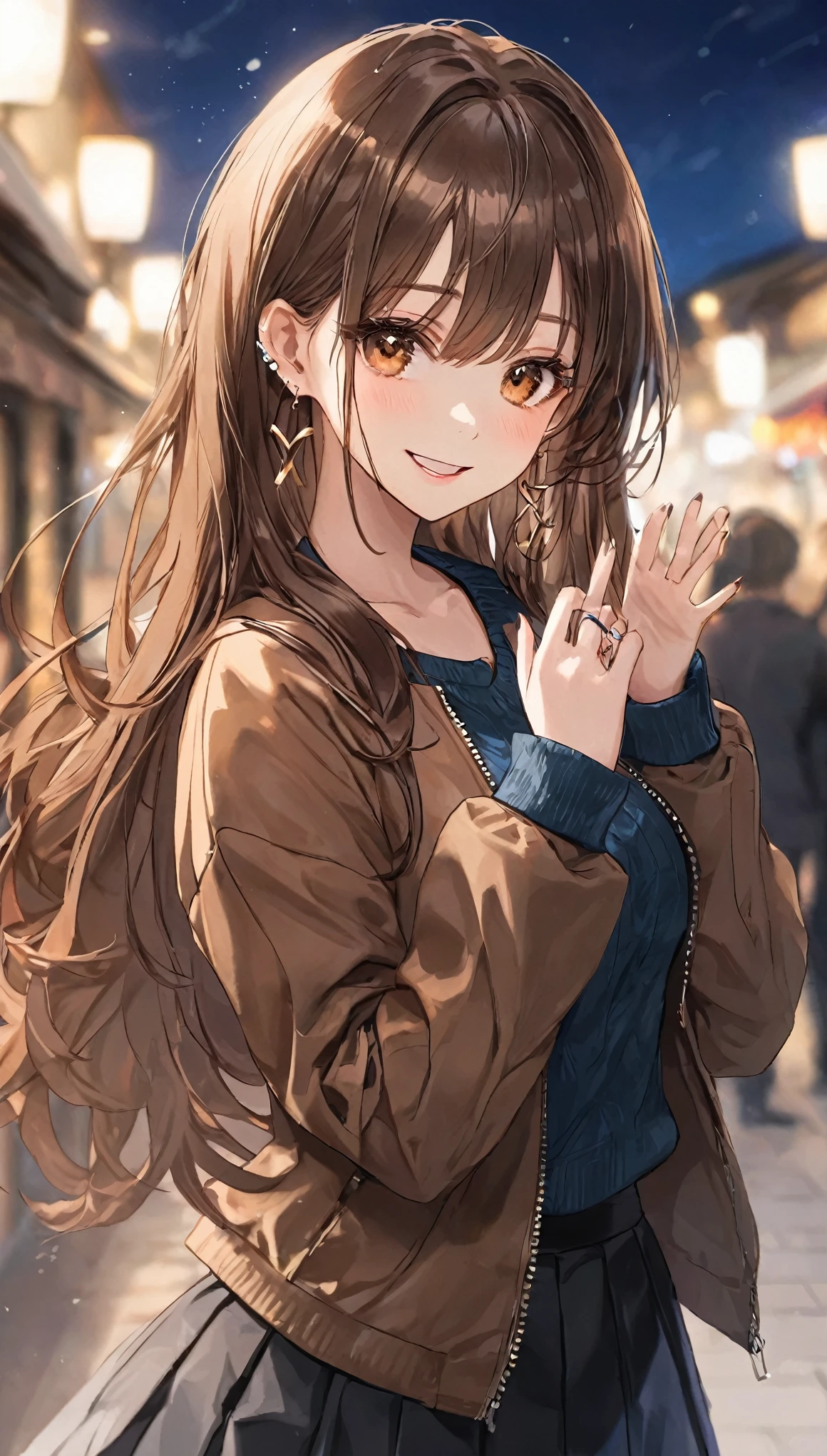 One girl, Ahoge, bangs, black skirt, black sweater, Blue Claws, Blurred, Blurred background, chest, Brown eyes, Brown Hair, brown Jacket, Mouth closed, Day included, Day, Depth of written boundary, Earrings, eyelash, Raise your hand, Tilt your head, Jacket, jewelry, Long Hair, Long sleeve, View Viewer, medium chest, Manicure, Open clothes, open Jacket, Outdoor, Pursed lips, Tucked in shirt, Side Lock, skirt, Sleeves are longer than the wrist, alone, sweater, Upper Body, zipper, smile, ((masterpiece)), 