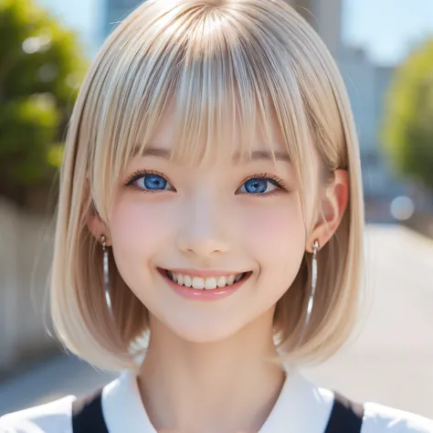 detailed face, cute face, master piece , best quality , woman , bowler hat , bangs , smile , outdoor, Shiny platinum blonde silk...