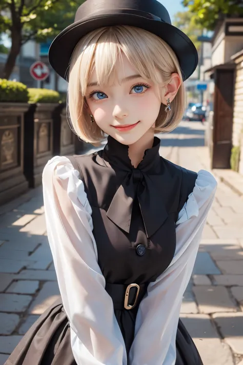 detailed face, cute face, master piece , best quality , woman , bowler hat , bangs , smile , outdoor, Shiny platinum blonde silk...