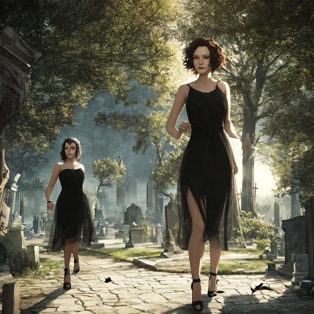 A lovely young woman with Wynona Ryder's features, wearing a sheer black billowing summer dress and cat ears, walking through a moonlit cemetery, her black cat nearby, detailed portrait, realistic, photorealistic, 8k, high quality, masterpiece, dramatic lighting, cinematic, dark moody atmosphere, ethereal, mystical, magical realism