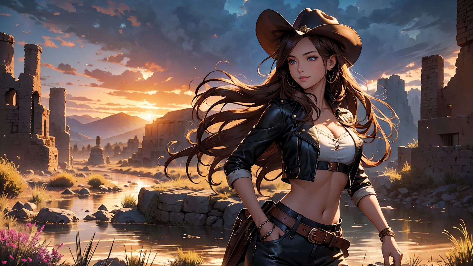 Arte de anime Genshin Impact: ((masterpiece: 1.2, 16k, super detail, best quality, accurate, high resolution, high quality)), (Wallpaper), Young cute cowgirl, age 18, super model, smiling, short brown leather jacket with open front, cowboy belt, brown cowboy hat, leather boots, braided hair, elegant posture, elegant cowgirl in the spotlight, illustrative style inspiration from the Charles Marion Russell, , strength, confidence, full body portrait, standing, top model pose, seductive expression, Full breasts, Tight shirt, Midriff, beautiful latin girl, looking at the spectators, beautiful and charming girl, perfect clean model face, exquisite facial features, detailed face, clear facial expressions, long wavy hair, gradient hair, beautiful detailed eyes, piercing and enchanting eyes, luscious lips, beautiful detailed glossy lips, rosy cheek, enchanting smile, perfect body, slim waist, dynamic poses, solo girl, wild west setting, plain of the American West, wide and warm old sky, the sunset, a desert with dry soil and sparse thorn trees, rocky mountains, winding river with vegetation on the banks, rusty railway track, rock formations, ruins of a miner's cabin, dilapidated railroad, complex background, very detailed illustration, Ultra-detailed CG, professional art, vibrant appearance, raw photo, (a majestic vision), (dramatic photo:1.4), cinematic, (HDR:1.5), (intricate details:1.1), natural colors, splendid lighting effects, (dramatic light), (Cinematic lighting), epic and surrealistic anime, detailed anime digital art, anime digital art, high-quality anime art style, award winning,