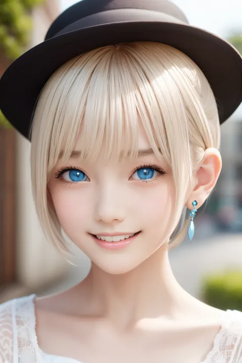 detailed face, cute face, master piece , best quality , woman , bowler hat , bangs , smile , outdoor, shiny platinum blonde silk...