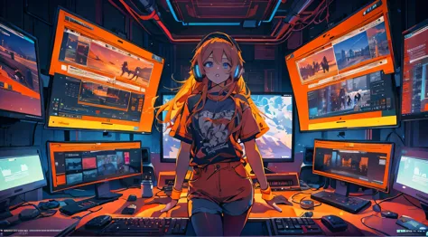 high resolution、One Girl、Wearing headphones、Logo T-shirt and hot pants、Inside a futuristic room、Gaming PC、Large monitor<Vibrant ...