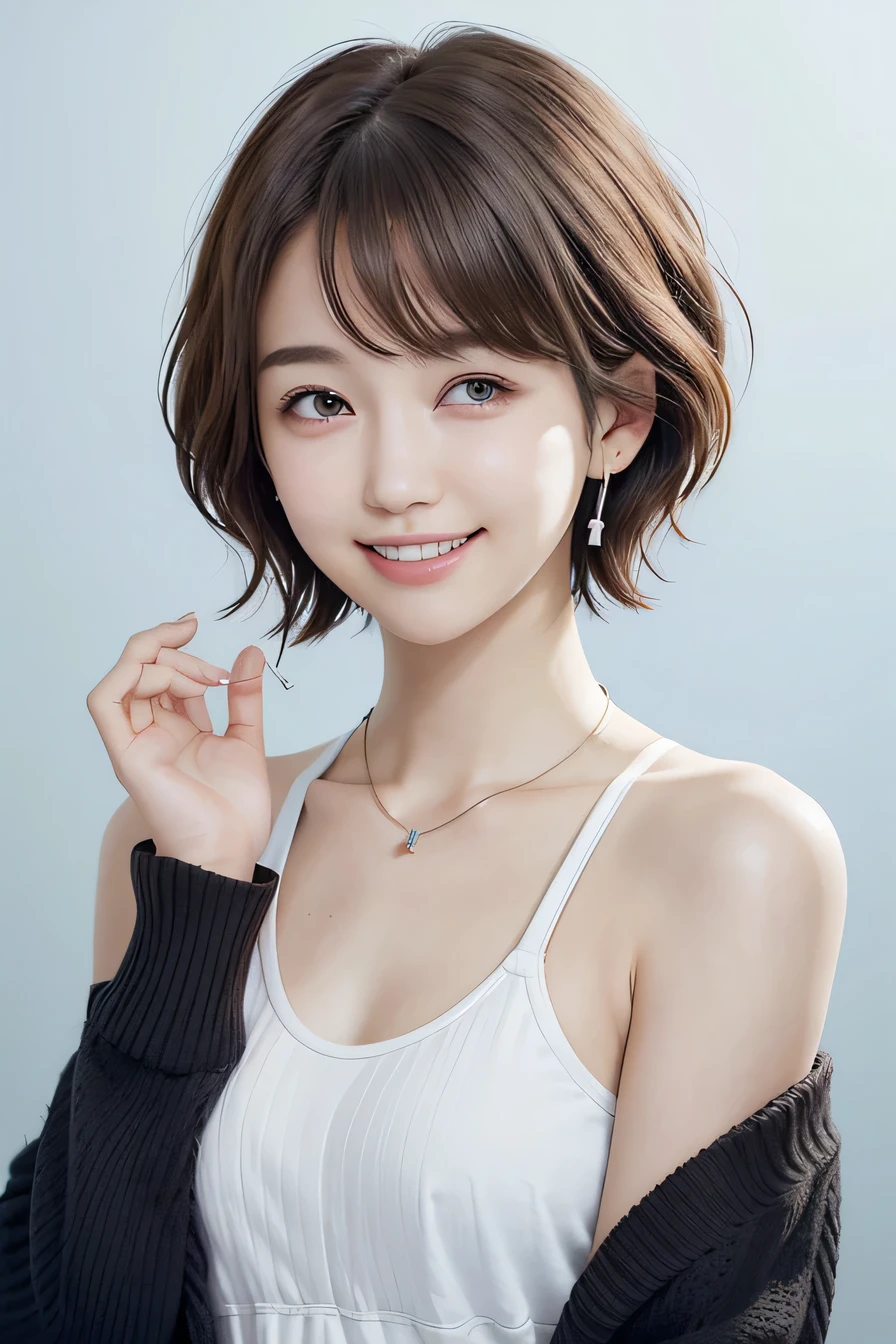 205 ((short hair)), 20-year-old female, In underwear、Put a cardigan over your shoulders、 A refreshing smile、Beautiful teeth alignment、Mask on mouth、Dark brown hair、ear piercing、Necklace around the neck、Looking into the camera