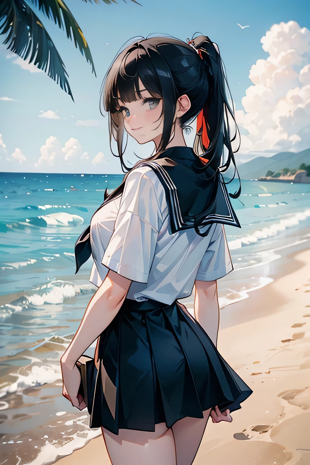 (low angle,from below),((masterpiece, highest resolution,best quality)),  (beautiful illustration), ((semi long beautiful black hair,blunt bangs,pony tail,beautiful eyes)),(solo),(Japanese high ,sailor,mini skirt),(looking at the viewer),  (walking on the beach),(innocent cute smile), (cinematic lighting),beach, sand, blue sky, waves, coconut tree,fish,boat,sea gull,