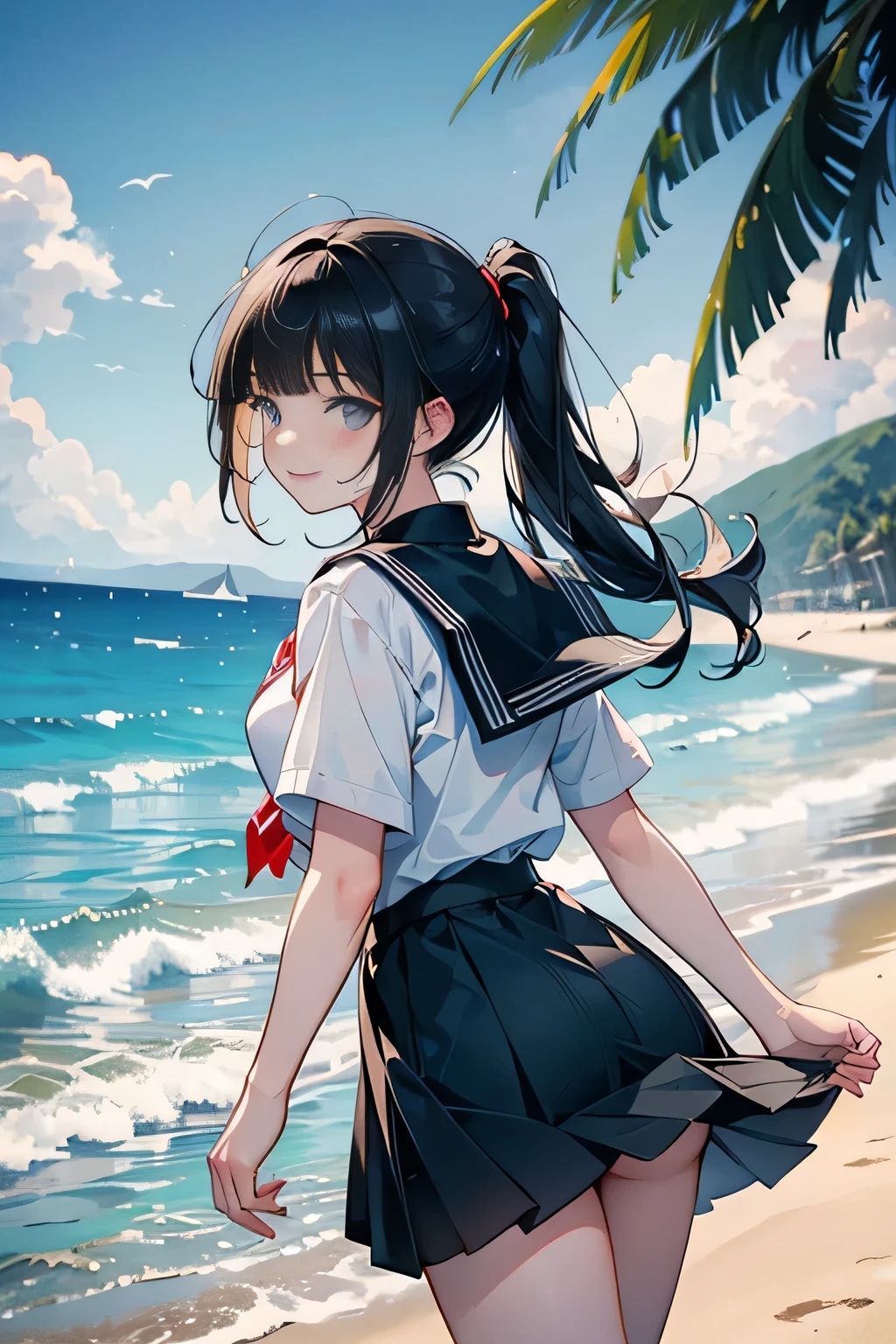 (low angle,from below),((masterpiece, highest resolution,best quality)),  (beautiful illustration), ((semi long beautiful black hair,blunt bangs,pony tail,beautiful eyes)),(solo),(Japanese high ,sailor,mini skirt),(looking at the viewer),  (walking on the beach),(innocent cute smile), (cinematic lighting),beach, sand, blue sky, waves, coconut tree,fish,boat,sea gull,