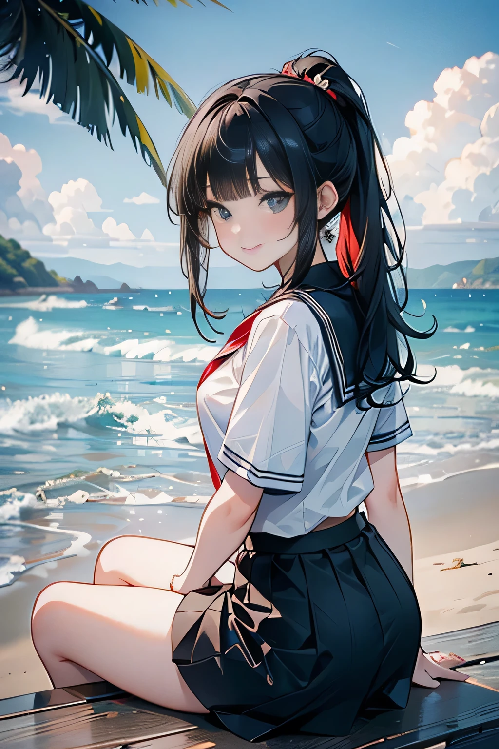 (high angle,cleavage),((masterpiece, highest resolution,best quality)),  (beautiful illustration), ((semi long beautiful black hair,blunt bangs,pony tail,beautiful eyes)),(solo),(Japanese high ,sailor,mini skirt),(looking at the viewer), (sitting on the beach),(innocent cute smile), (cinematic lighting),beach, sand, blue sky, waves, coconut tree,fish,boat,sea gull,
