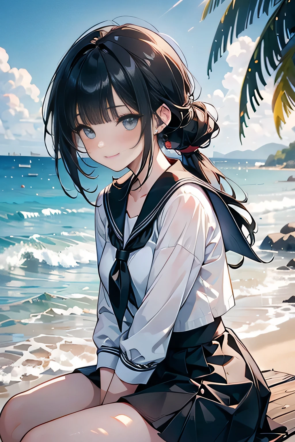 (high angle,cleavage),((masterpiece, highest resolution,best quality)),  (beautiful illustration), ((semi long beautiful black hair,blunt bangs,pony tail,beautiful eyes)),(solo),(Japanese high ,sailor,mini skirt),(looking at the viewer), (sitting on the beach),(innocent cute smile), (cinematic lighting),beach, sand, blue sky, waves, coconut tree,fish,boat,sea gull,
