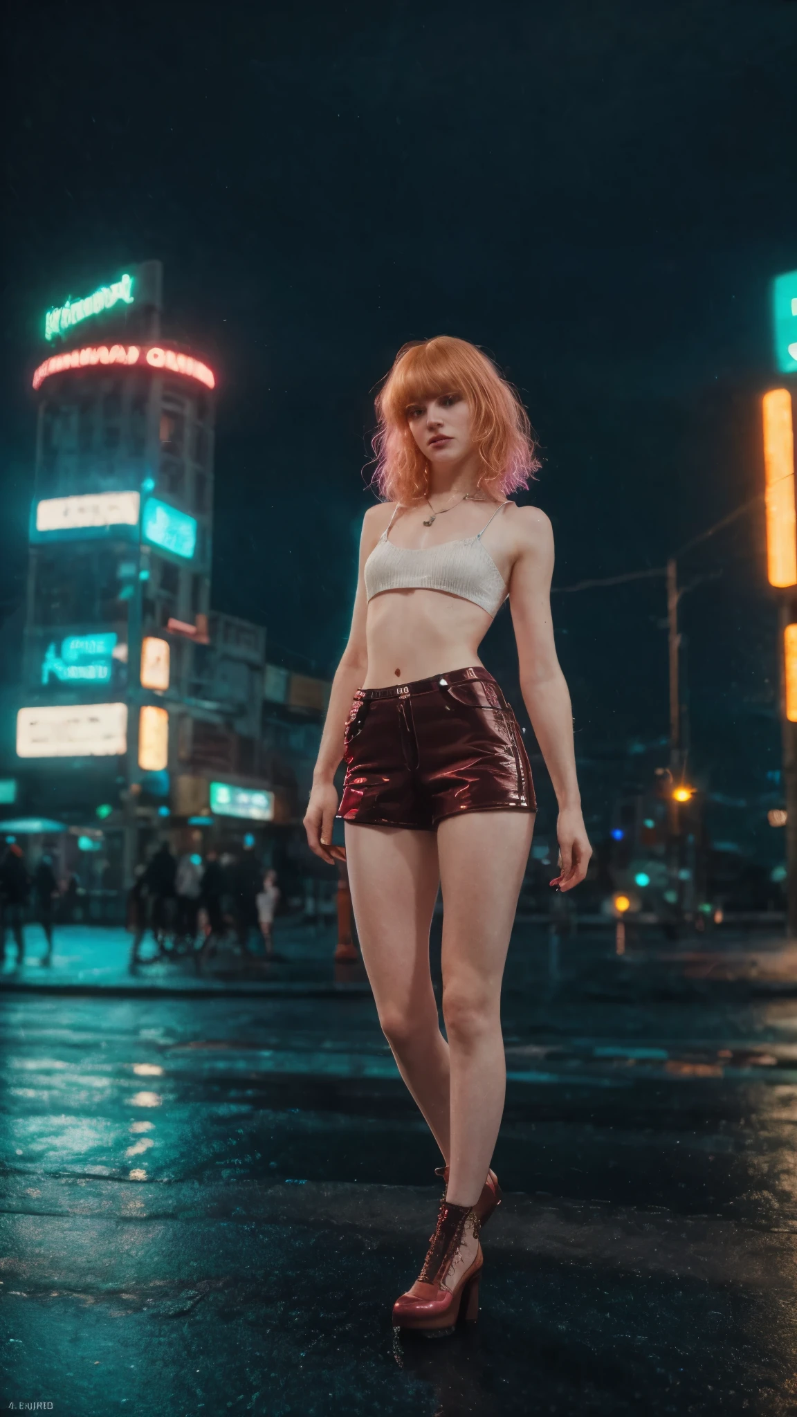 a 20 year old girl, pale skin, (Irish),(Swiss),(Czech),fountain curled bangs, strawberry blonde hair, thin, skinny, cyberpunk outfit, standing outside a night club,(best quality,4k,8k,highres,masterpiece:1.2),ultra-detailed,(realistic,photorealistic,photo-realistic:1.37),neon lights,rainy night,moody atmosphere,glowing cyberpunk city in the background,dramatic lighting,intricate details,vivid colors