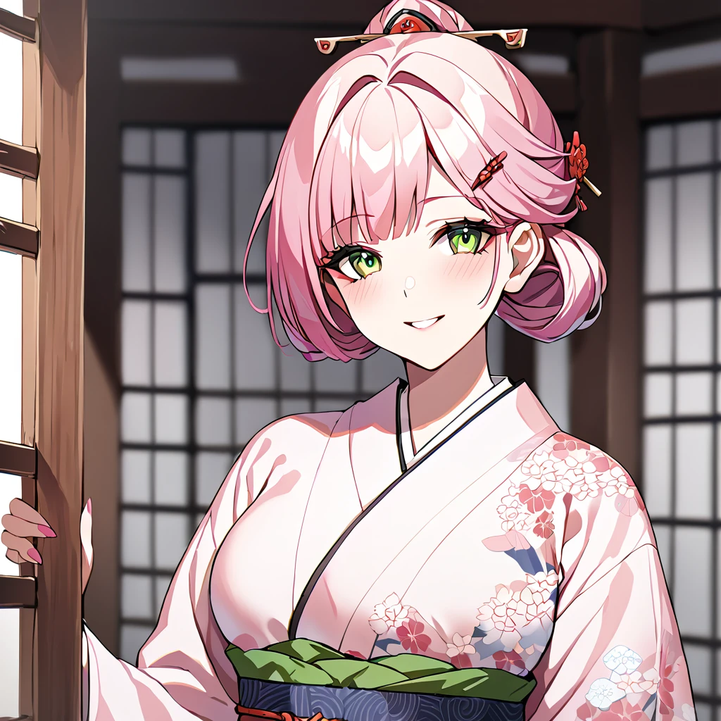 ((highest quality)), ((masterpiece)), (detailed), （Perfect Face）、（The woman is Rena, with short pink hair and a happy smile, and is in a luxurious samurai mansion.、The woman is wearing a gorgeous Japanese kimono with gorgeous embroidery, her hair styled in a bunkin takashimada style, and adorned with gorgeous accessories from the Edo period, including a gorgeous hairpin.）