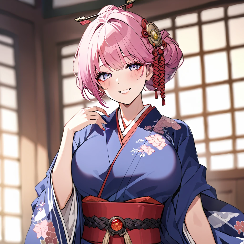 ((highest quality)), ((masterpiece)), (detailed), （Perfect Face）、（The woman is Rena, with short pink hair and a happy smile, and is in a luxurious samurai mansion.、The woman is wearing a gorgeous Japanese kimono with gorgeous embroidery, her hair styled in a bunkin takashimada style, and adorned with gorgeous accessories from the Edo period, including a gorgeous hairpin.）