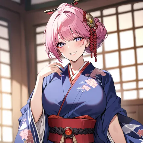 ((highest quality)), ((masterpiece)), (detailed), （Perfect Face）、（The woman is Rena, with short pink hair and a happy smile, and...