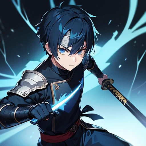 Um samurai adolescente masculino com cabelo azul curto e olhos azuis com marcas de queimaduras no rosto, vestindo armadura azul escura e uma faixa de cabeça preta, segurando uma espada na mão direita, com uma expressão séria em uma floresta com uma violenta tempestade de raios ao fundo