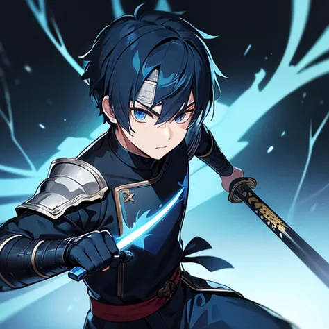 One Teenage male samurai with short blue hair and blue eyes with burn marks on his face wearing dark blue armor and a black head...