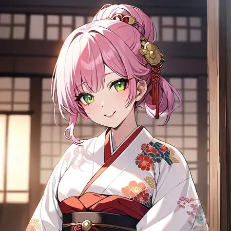 ((highest quality)), ((masterpiece)), (detailed), （Perfect Face）、（The woman is Rena, with short pink hair and a happy smile, and...