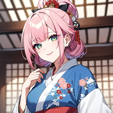 ((highest quality)), ((masterpiece)), (detailed), （perfect face）、（the woman is rena, with short pink hair and a happy smile, and...