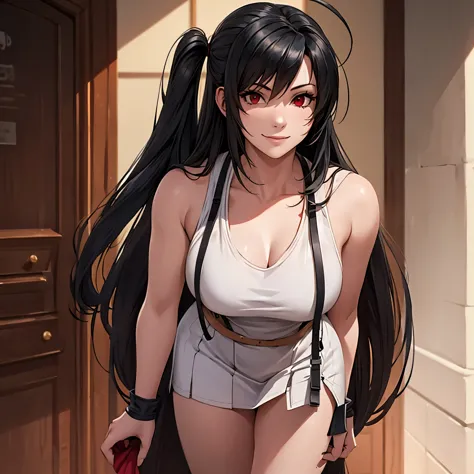 A woman wearing the standard costume of Tifa Lockhart, Final Fantasy VII (SQUARE ENIX) long black hair, red eyes, smiling, Ahoge...