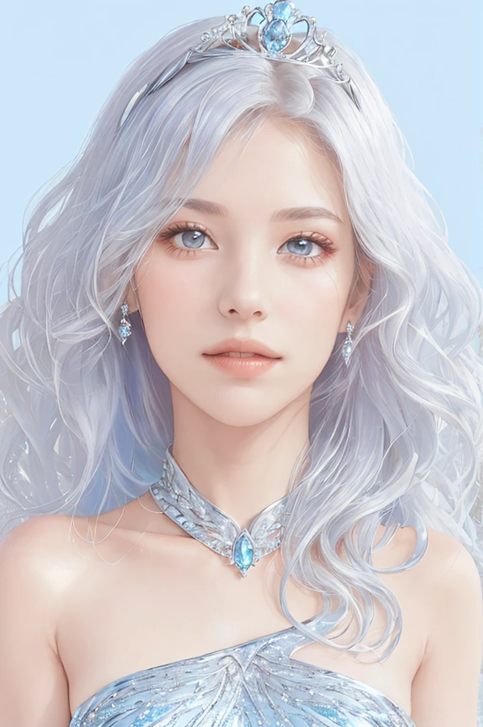 masterpiece，highest quality，Realistic，Full Shot，1 beautiful girl，Beautiful curly hair，Silver Hair，Skin Texture，(Exquisitely designed princess dress_Light blue, jewelry, tiara:1.2)，Big Rose Background，Light blueのコート，Warm Light