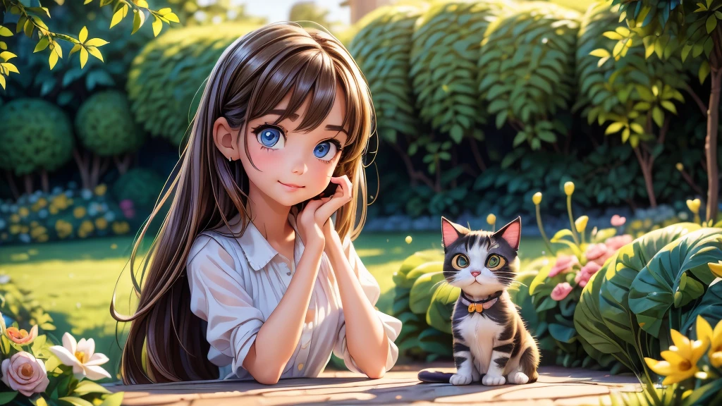 ((a young girl playing with a cat)), beautiful detailed eyes, beautiful detailed lips, extremely detailed eyes and face, long eyelashes, cute and playful expression, sitting in a garden with flowers, soft lighting, warm color palette, intricate details, cinematic composition, digital painting, masterpiece, ultra-detailed, photorealistic, 8k, best quality