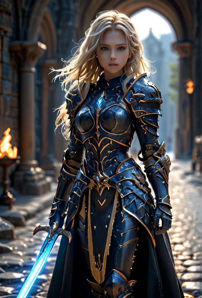 amazing quality, masterpiece, best quality, hyper detailed, ultra detailed, UHD, perfect anatomy, 
fashion show, model, stylish pose, wearing fantastic armor, dark armor, holding glowing sword, runway, stone road, soft shades, blond hair, hand up,girl
HKStyle,
extremely detailed,