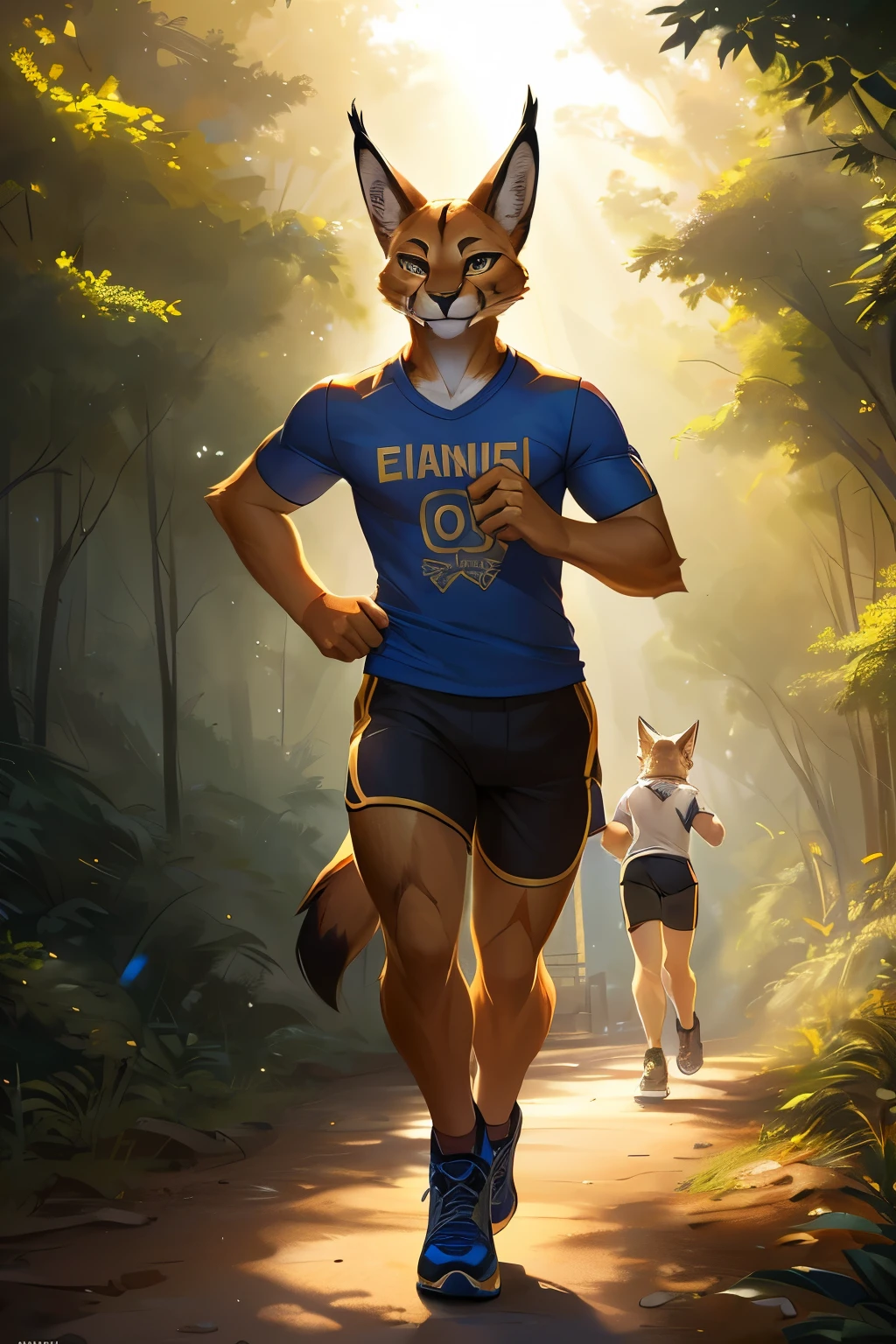 Photo détaillée d&#39;un anthro masculin confiant, (caracal, pelage doré brillant, corps maigre,) sur un sentier dans une forêt, tendance sur art station, Ross Tran, Ruan Jia, foxovh, ((jogging, short et t-shirt)) (((Éclairage dynamique,)))