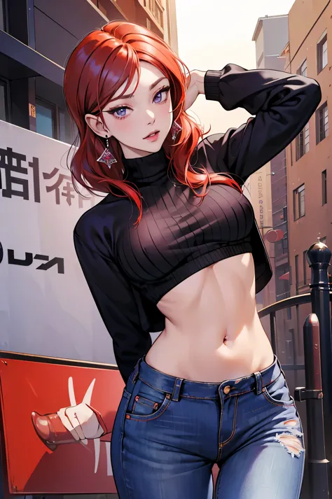 (masterpiece, best quality, high quality),(nsfw:1.3),nishikino maki, red hair, purple eyes, cowboy shot,low waisted pants, tight...