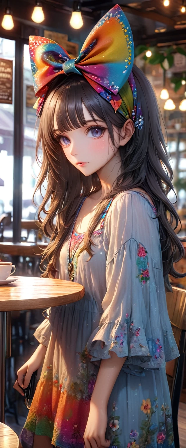 entire plane:1.4, unreal engine:1.4, Ultra realist CG K, photorealistic:1.4, skin texture:1.4, Masterpiece:1.4,Beautiful woman with Hippie style hat in a cafe , at a table having breakfast with a cat, beautiful tender and sweet image, Hippie bohemia:1.7,wide hair、Hippie clothing dress various colors, 32k.