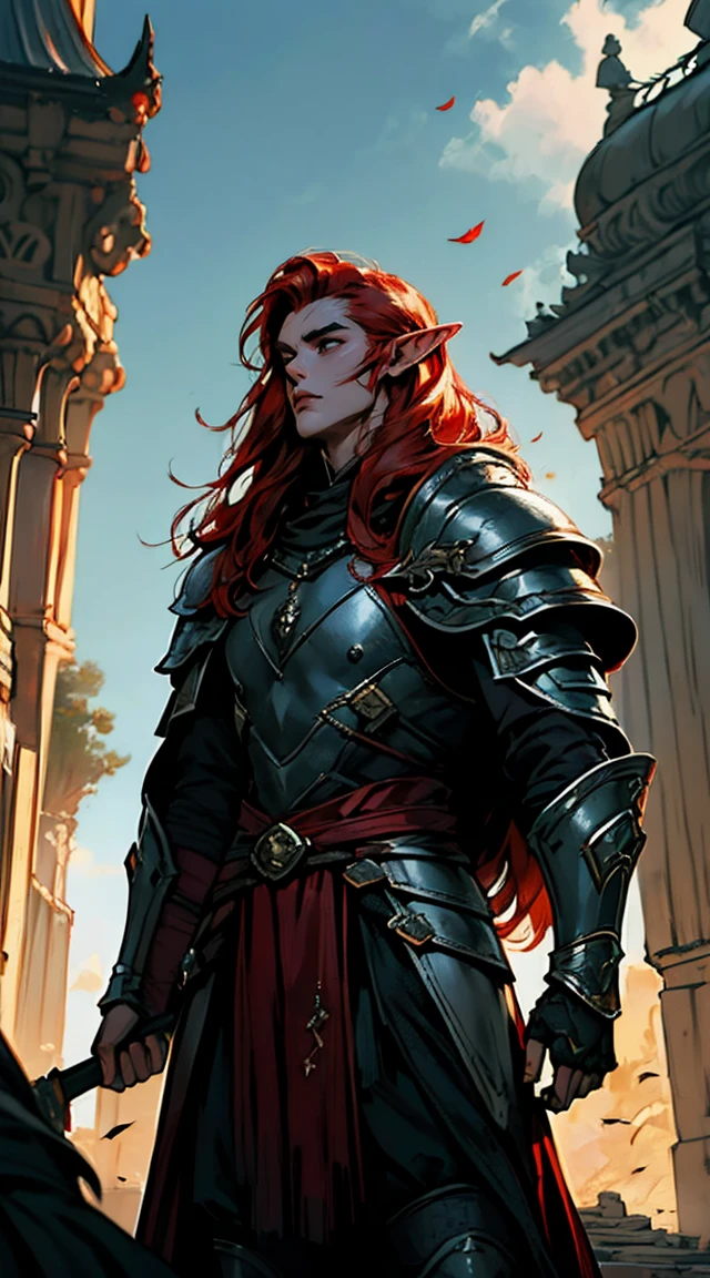 work of art, best qualityer, 1 men, grown-up, male focus, standing alone, red hair, long hair, vibrant green eyes, heavy armor, male, cloak, darkskin,  war cry, Fantasy aesthetic, highy detailed, shadowverse style, elf ear, looking up, elf knight armor. Holding Chinese halberd, going, writing, lying down, standing, on your back, fighting, dynamic poses. Get ready to dive into a world where beauty and craftsmanship merge perfectly