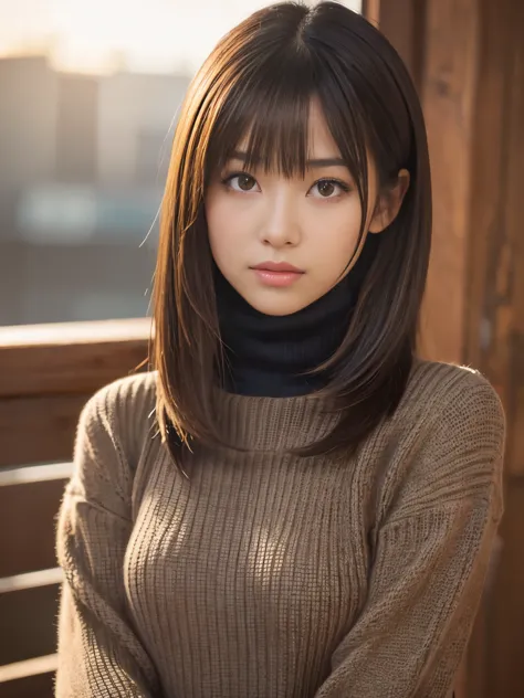 product quality, 1 girl, cowboy shot, front view, a Japanese young pretty girl, at night, wearing a black knitted turtleneck swe...