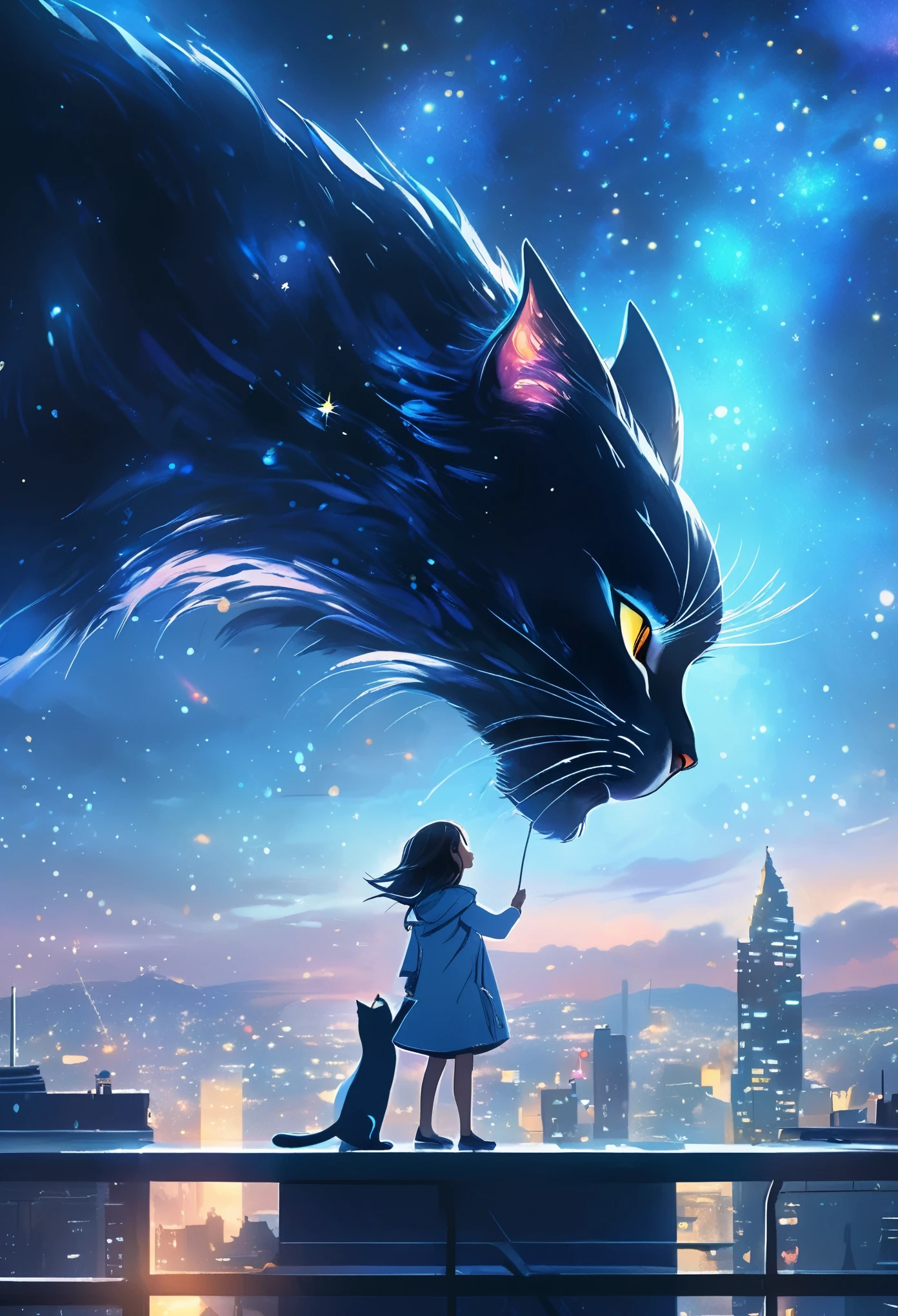 1 girl standing on a rooftop, night city skyline and starry sky background, giant cat monster on the right side, kissing the girl, detailed facial features, dramatic lighting, moody atmosphere, cinematic, surreal, (best quality,4k,8k,highres,masterpiece:1.2),ultra-detailed,(realistic,photorealistic,photo-realistic:1.37),HDR,UHD,studio lighting,ultra-fine painting,sharp focus,physically-based rendering,extreme detail description,professional,vivid colors,bokeh,fantasy,dark,dramatic