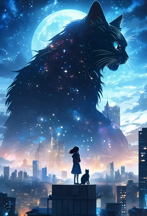 A young woman standing in the center of a rooftop, the night city skyline and starry sky as the background, a giant cat-like mon...