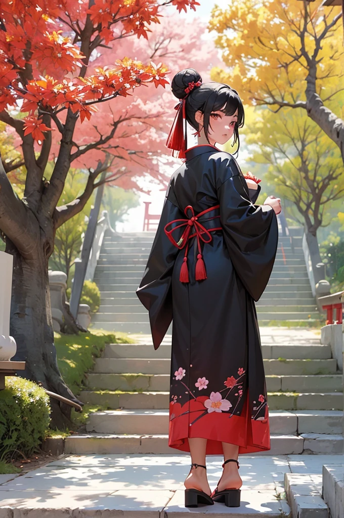 ((Masterpiece,Best Quality)),2 girls, black kimono, black tights, black Love, black fur, Cherry blossoms, day, flower, good, hair Love, japanese clothes, kimono, wide, looking at the viewer, looking back , several girls, belts, outdoor, Red eyes, Red hair, Love, sandals, good bachelor, stairs, standing, state, Torii, tree, white kimono, yellow eyes